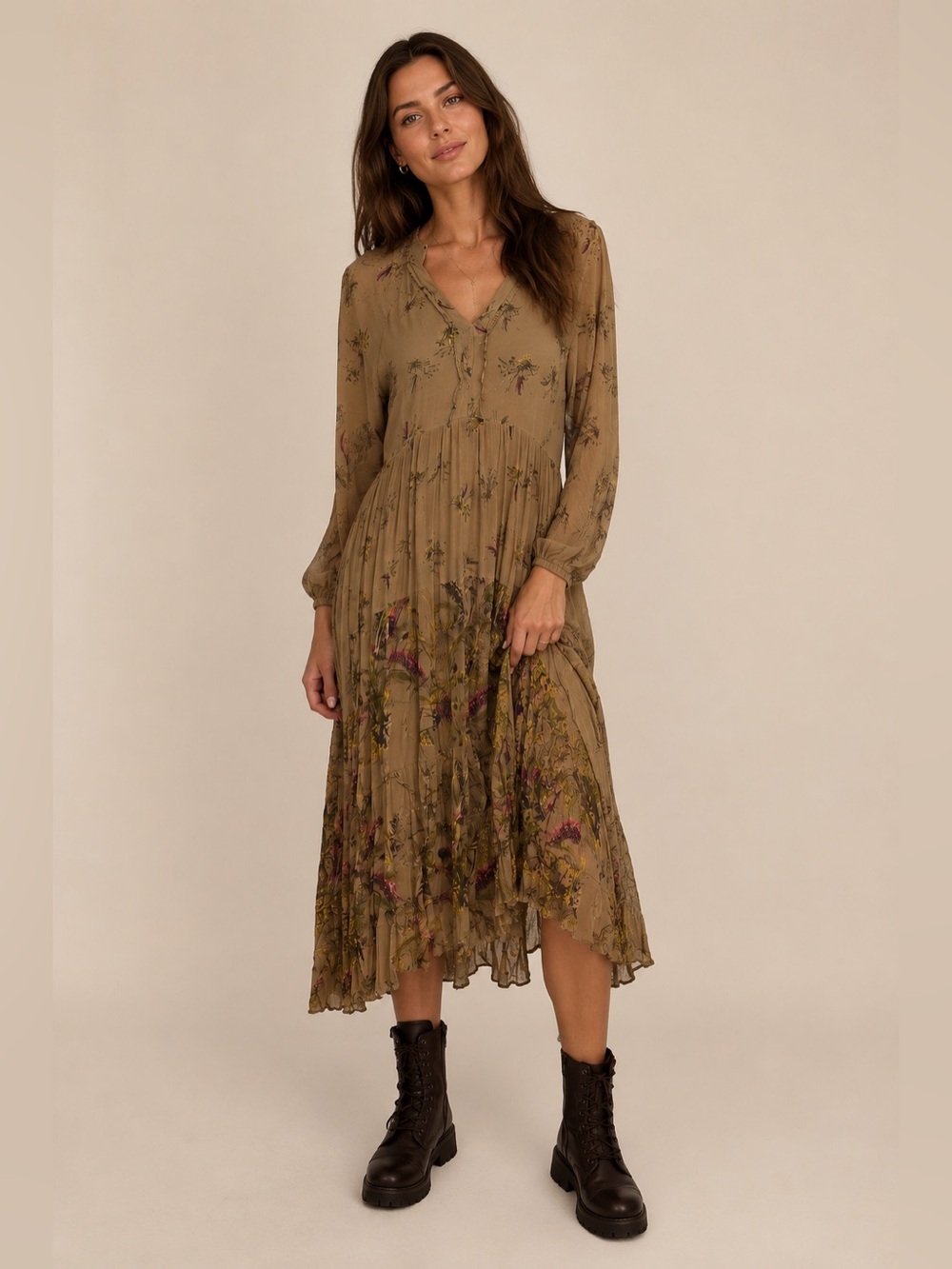 All Saints | Brown and Cream Long Sleeve V-Neck Dress